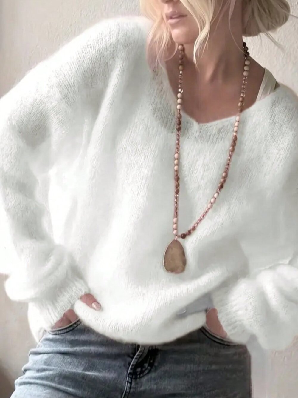 White Casual Women's Fuzzy Drop Shoulder V-Neck Loose Fit Plain Pullover